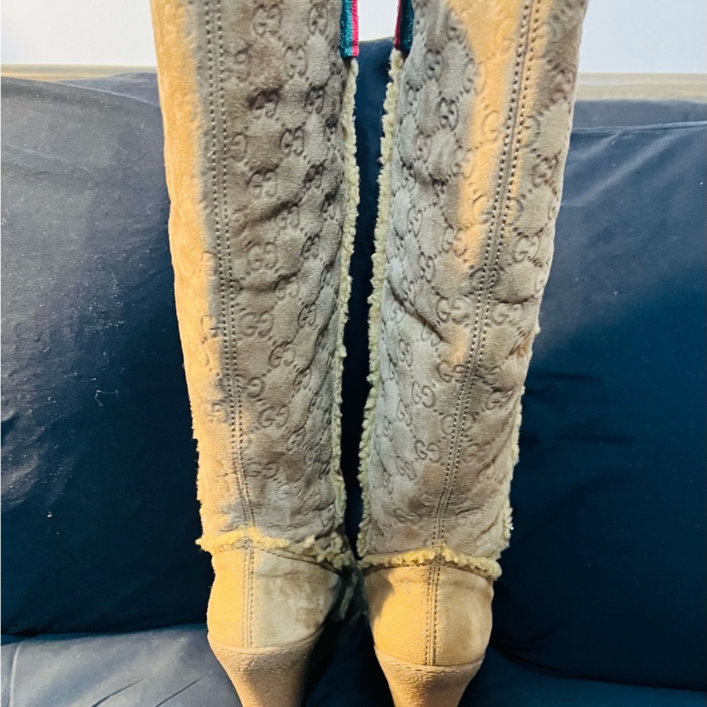 Rare Find-Vintage Gucci GG Suede Knee High Wedge Boots - Picture 9 of 13